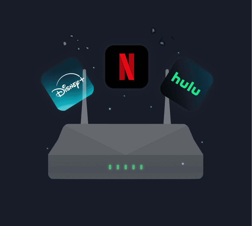 Routeur Wi-Fi avec les icônes des services de streaming Disney+, Netflix et Hulu