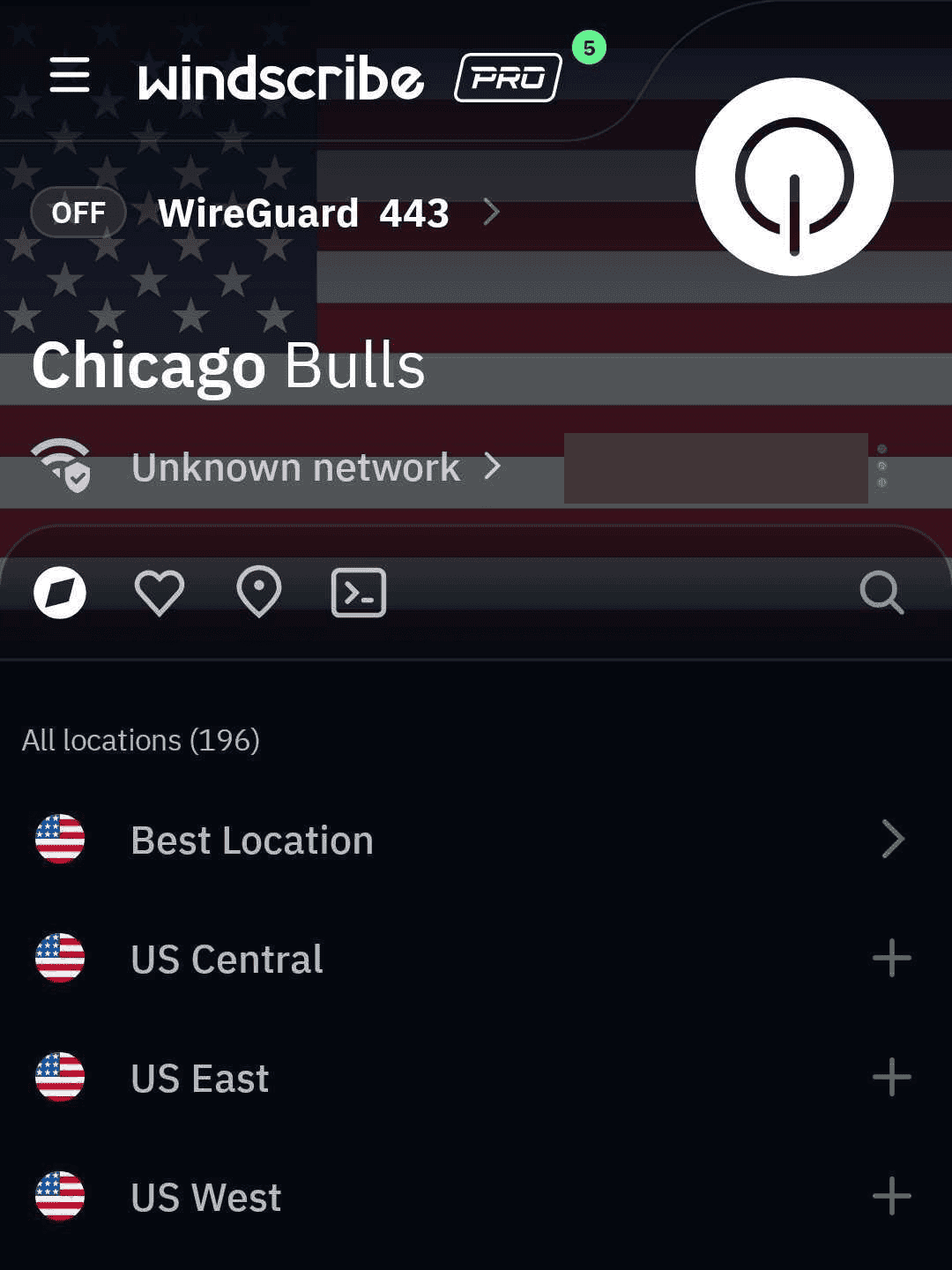 Écran Emplacements de Windscribe sur Android lorsque l’application est déconnectée, avec l’adresse IP publique masquée