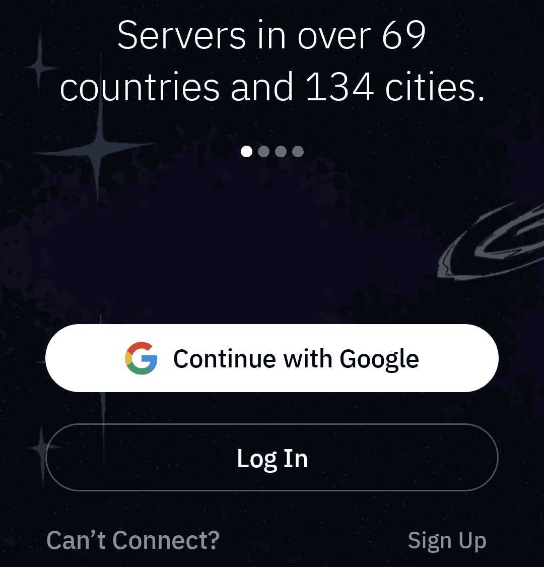 Écran d’accueil de Windscribe pour Android affichant les options de connexion avec Google, de connexion à un compte et d’inscription