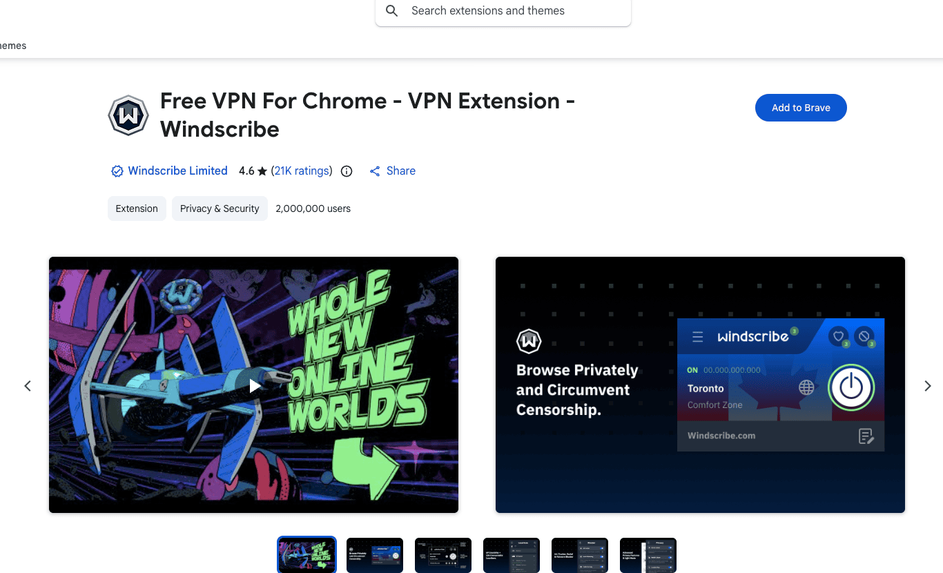 Fiche Windscribe du Chrome Web Store affichée dans Brave