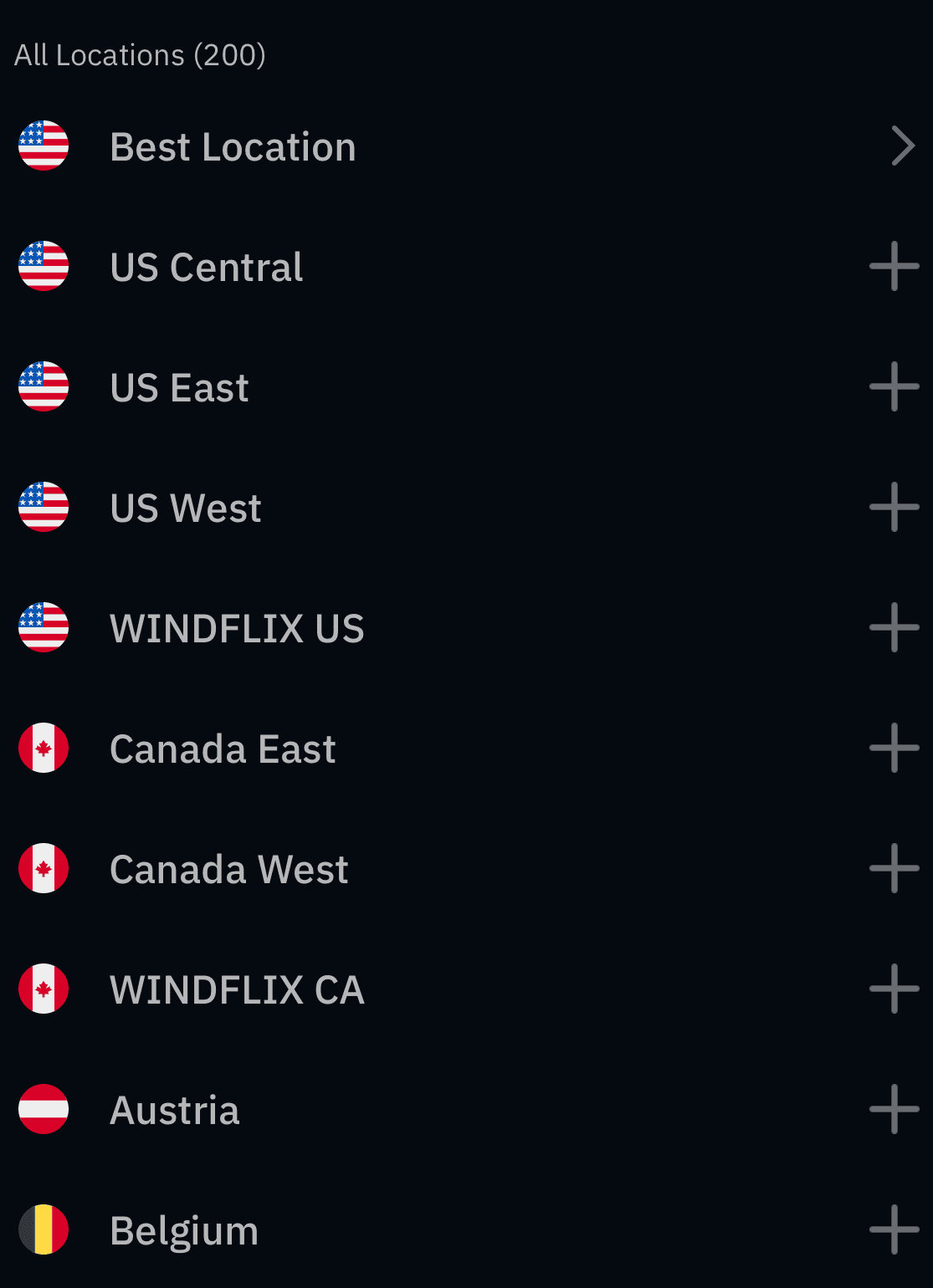 Liste des emplacements Windscribe sur iPhone affichant les régions et les groupes d’emplacements