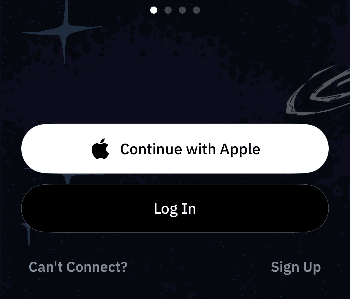 Écran d’accueil de Windscribe sur iPhone affichant les options Continue with Apple, Log In et Sign Up
