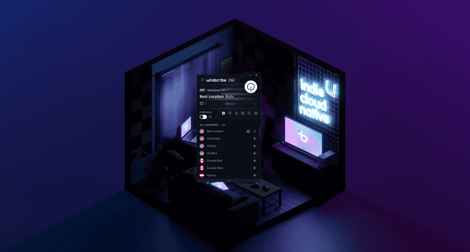 Application de bureau Windscribe déconnectée avec la liste des emplacements VPN développée
