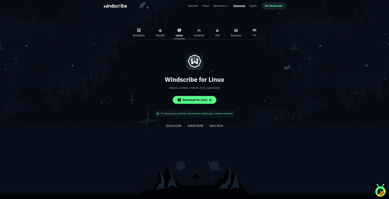 Page de téléchargement de Windscribe avec Linux sélectionné et le bouton Download for Linux visible