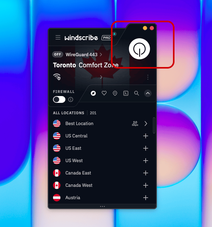 Bouton d’alimentation Windscribe mis en évidence