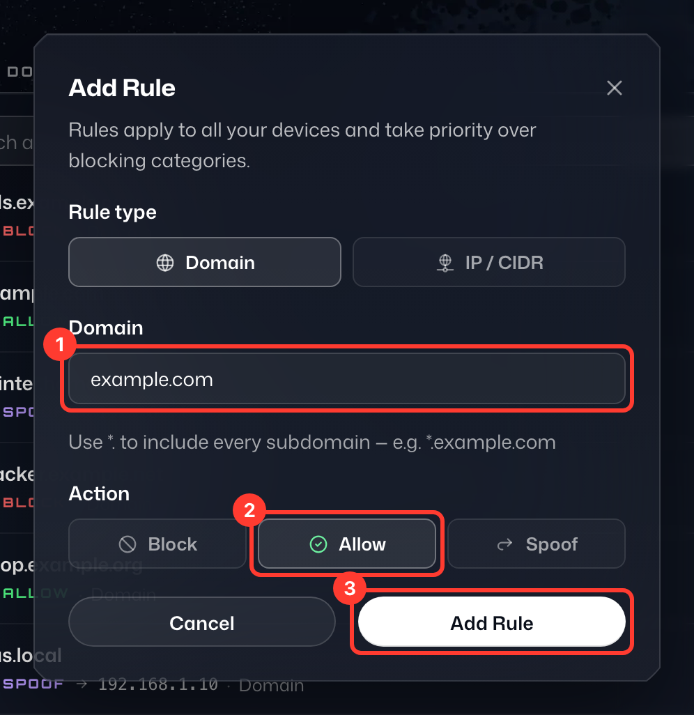 Boîte de dialogue Ajouter une règle, avec example.com saisi, Autoriser sélectionné et Ajouter une règle numérotés de 1 à 3