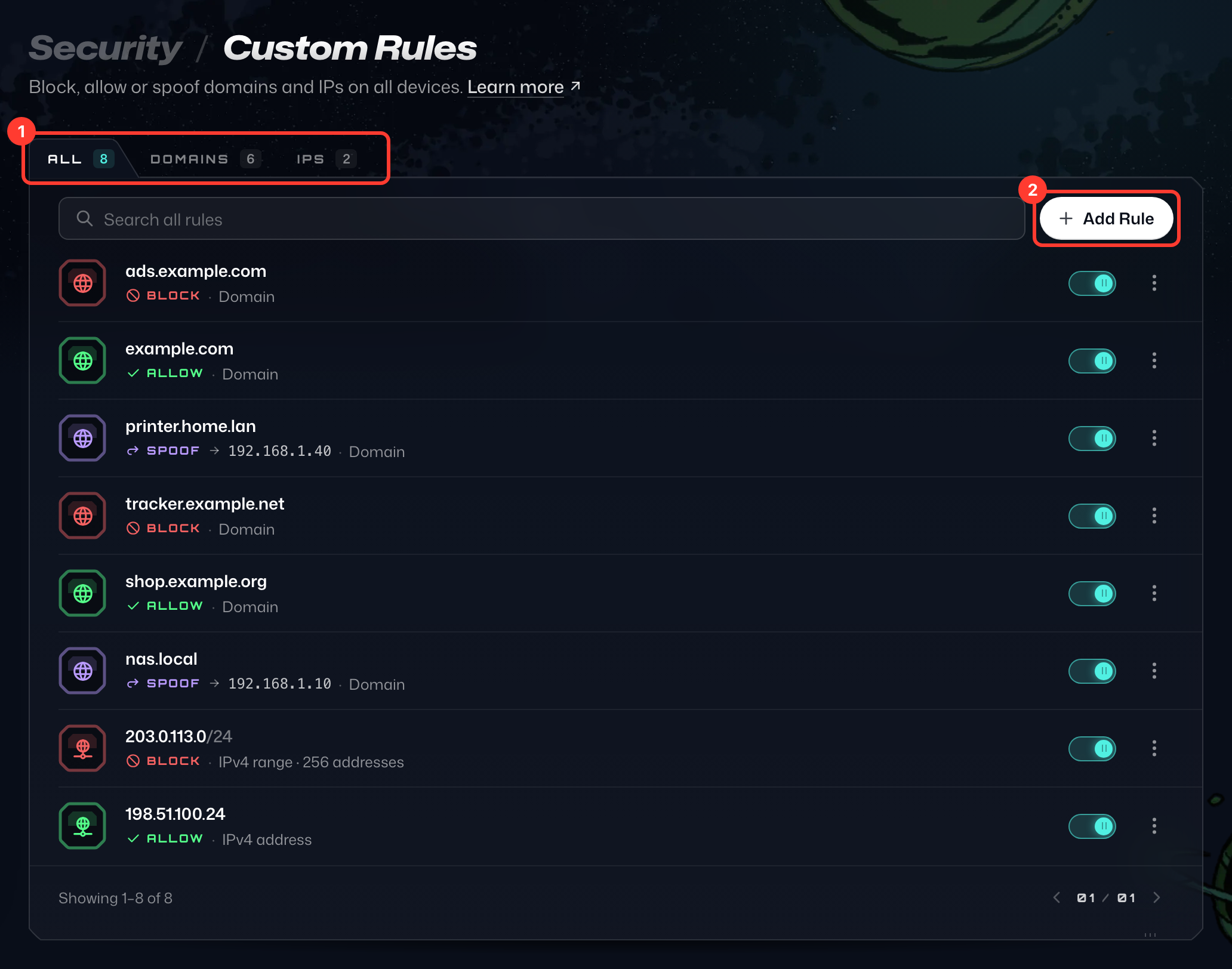 La page Règles personnalisées dans Mon compte, avec les onglets Tout, Domaines et IP et le bouton Ajouter une règle numérotés 1 et 2