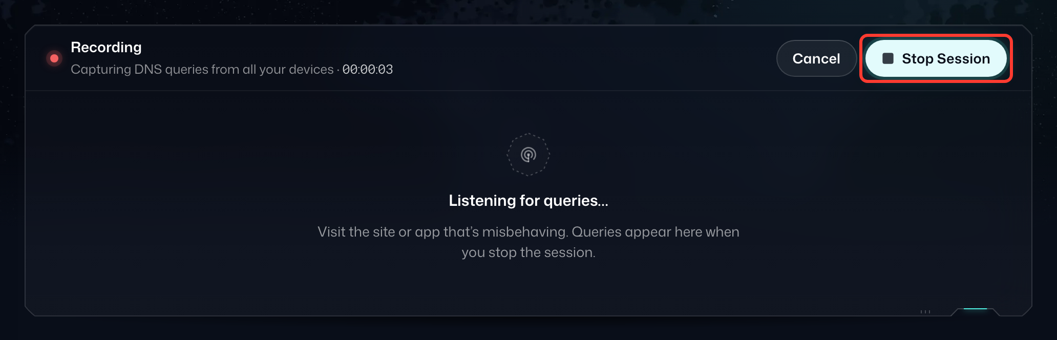 Une session de débogage en cours d'enregistrement avec son minuteur actif, avec Arrêter la session mis en évidence