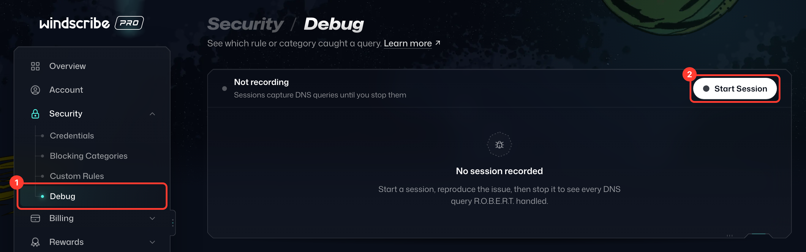 Débogage mis en évidence sous Sécurité dans la barre latérale de Mon compte, et Démarrer la session mis en évidence sur la page Débogage