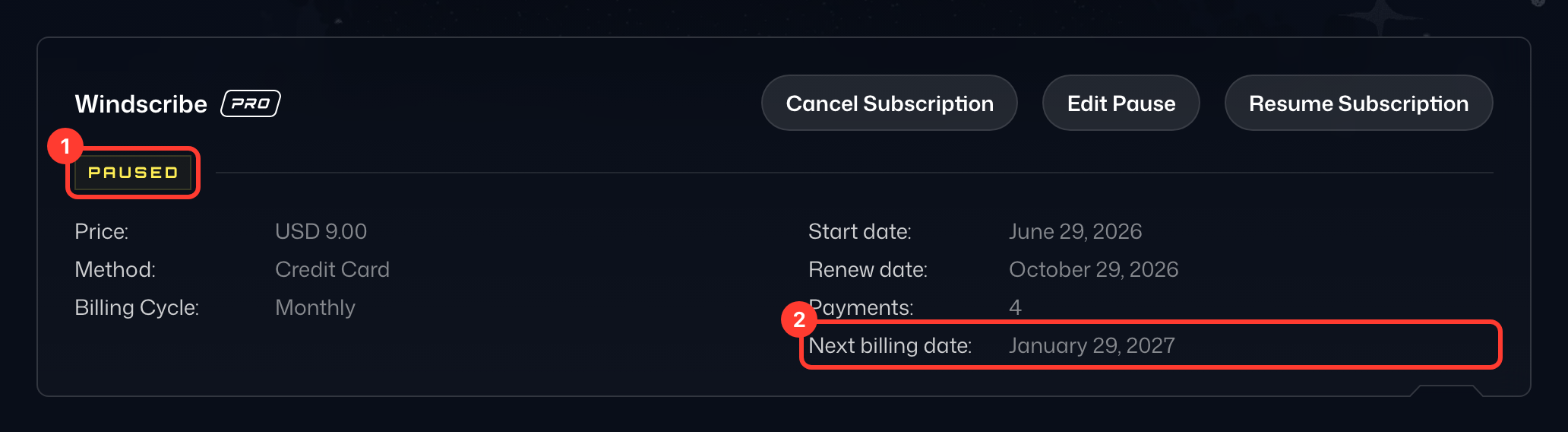 Paused subscription showing its next billing date