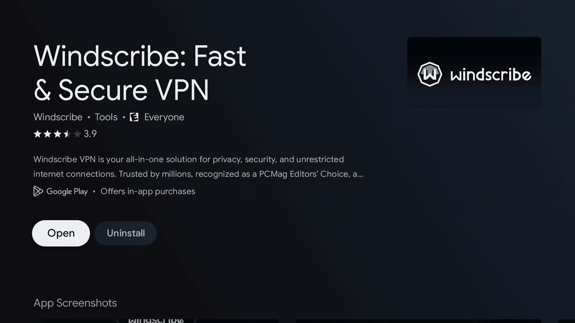 Fiche de l’application Windscribe dans le Google Play Store sur une TCL TV