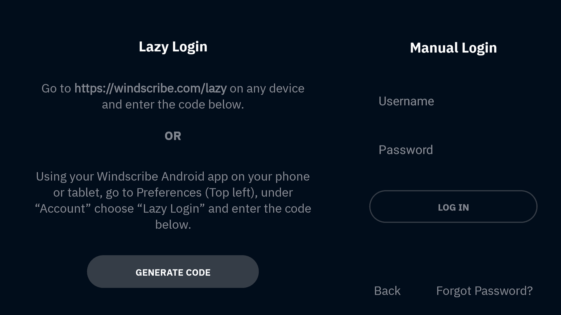 Options Lazy Login et Manual Login de Windscribe sur une TCL TV