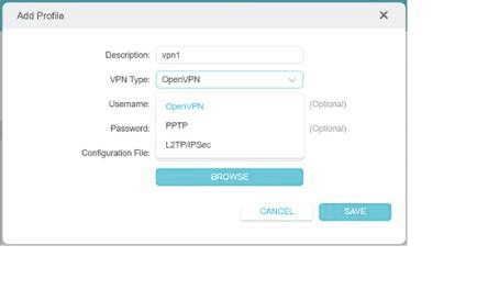 Cuadro de diálogo Add Profile de TP-Link con OpenVPN seleccionado en la lista VPN Type