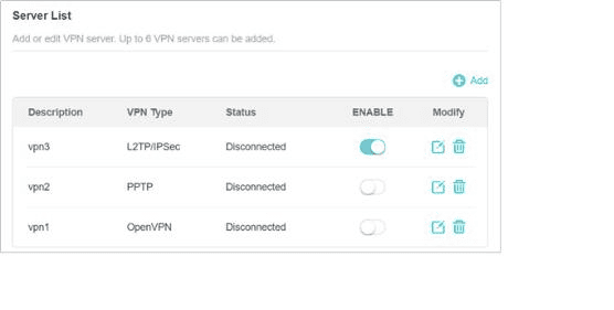 VPN Server List de TP-Link con un perfil activado mientras todos los perfiles están desconectados