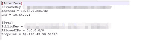 Configuración de WireGuard con los parámetros utilizados para configurar TP-Link y los valores de las claves ocultos