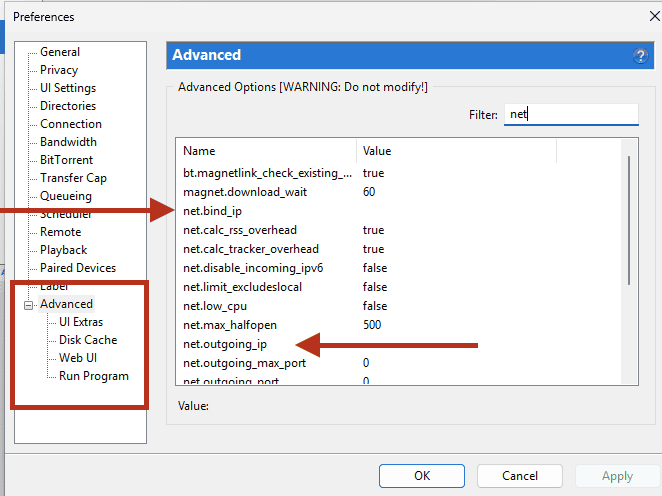 uTorrent Advanced preferences with the net.bind_ip and net.outgoing_ip parameters located via the filter box