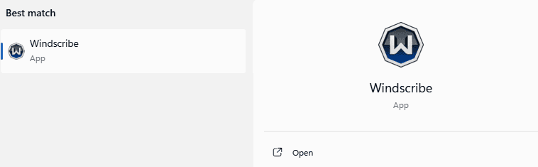 Windscribe sélectionné dans la recherche Windows avec l’action Open visible